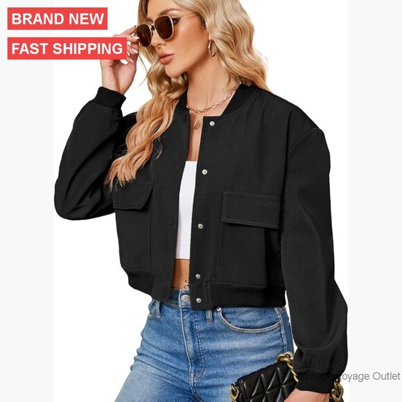 Cropped Bomber Jacket Women Long Sleeve Button Down Casual Varsity Jacket